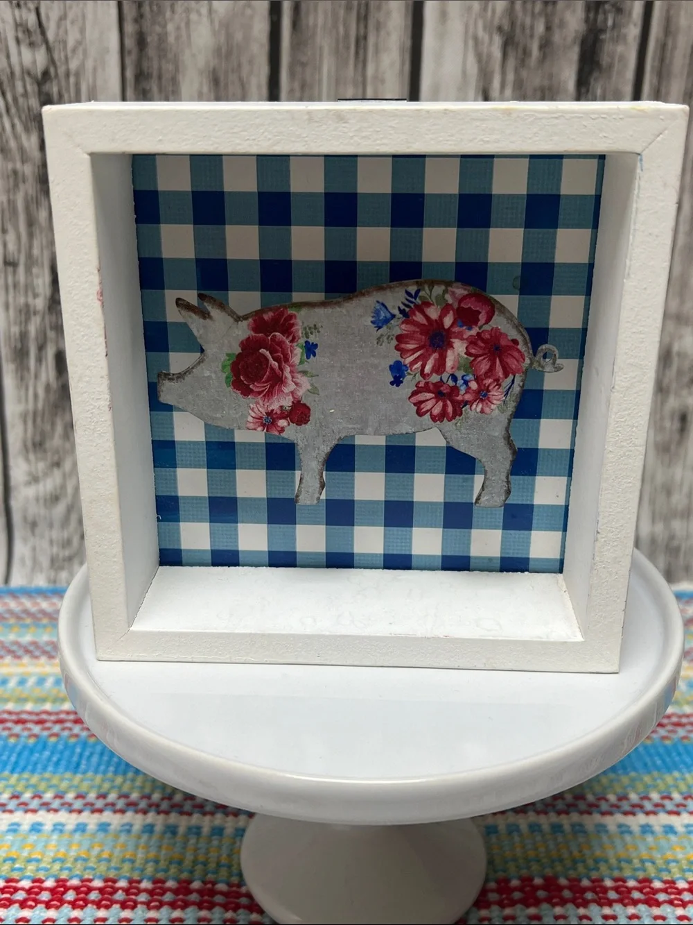 The Pioneer Woman Pig silhouette shadow box with blue gingham background